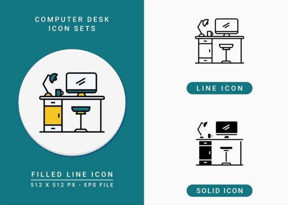Computer Desk Icons Set: A Versatile Graphic Design Asset for Creative Projects